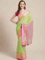 Laa Calcutta Green & Pink  cotton Handloom  saree