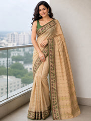 Laa Calcutta Beige & Multi cotton blend Taant saree
