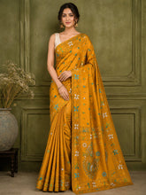 Laa Calcutta Yellow & Multi hand-stitch embroidary silk blend kantha stitch saree