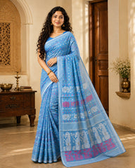 Sea Green & Multi cotton blend jamdani saree