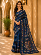 Laa Calcutta Navy Blue & Multi hand-stitch embroidary silk blend kantha stitch saree