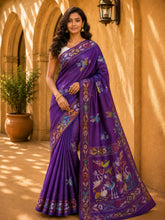 Laa Calcutta Purple & Multi hand-stitch embroidary silk blend kantha stitch saree