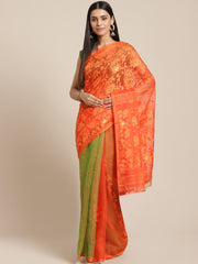 Orange & Green Cotton Jamdani Saree