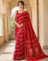 Laa Calcutta Red & White hand-stitch embroidary silk blend kantha stitch saree