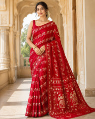 Laa Calcutta Red & White hand-stitch embroidary silk blend kantha stitch saree