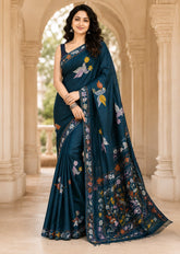 Laa Calcutta Navy Blue & Multi hand-stitch embroidary silk blend kantha stitch saree