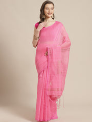 Pink & Golden women sequence silk blend handloom saree