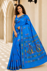 Laa Calcutta Blue & Multi hand-stitch embroidary silk blend kantha stitch saree