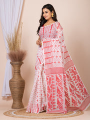 Laa Calcutta White & Red Woven jamdani saree