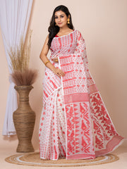 Laa Calcutta White & Red Woven jamdani saree