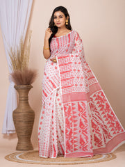 Laa Calcutta White & Red Woven jamdani saree