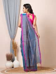 Laa Calcutta Blue silk cotton dual tone solid women handloom saree