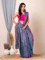 Laa Calcutta Blue silk cotton dual tone solid women handloom saree