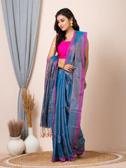 Laa Calcutta Blue silk cotton dual tone solid women handloom saree