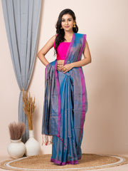 Laa Calcutta Blue silk cotton dual tone solid women handloom saree