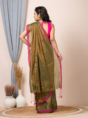 Laa Calcutta Olive Green silk cotton dual tone solid women handloom saree