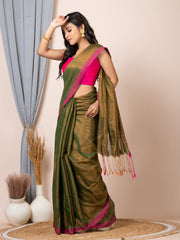 Laa Calcutta Olive Green silk cotton dual tone solid women handloom saree