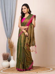 Laa Calcutta Olive Green silk cotton dual tone solid women handloom saree