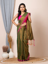 Laa Calcutta Olive Green silk cotton dual tone solid women handloom saree