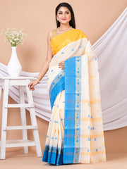 White & Multi Floral woven design pure cotton taant saree