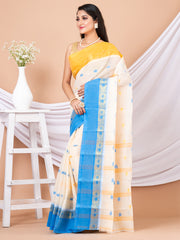 White & Multi Floral woven design pure cotton taant saree