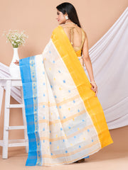 White & Multi Floral woven design pure cotton taant saree