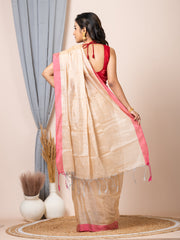 Laa calcutta Cream coloured cotton blend solid handloom women saree