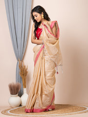 Laa calcutta Cream coloured cotton blend solid handloom women saree