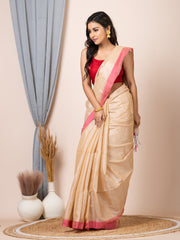 Laa calcutta Cream coloured cotton blend solid handloom women saree