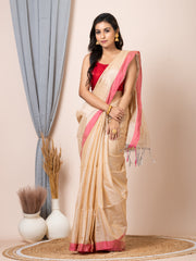Laa calcutta Cream coloured cotton blend solid handloom women saree