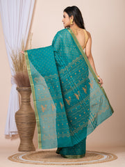 Laa Calcutta Green & Mustard printed pure cotton taant saree