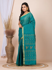 Laa Calcutta Green & Mustard printed pure cotton taant saree