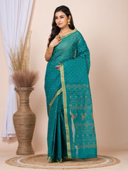 Laa Calcutta Green & Mustard printed pure cotton taant saree