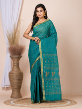 Laa Calcutta Green & Mustard printed pure cotton taant saree