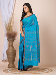 Laa Calcutta Aqua Blue & Mustard printed  taant saree