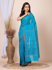 Laa Calcutta Aqua Blue & Mustard printed  taant saree