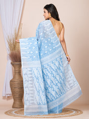 Laa Calcutta Sky Blue & White Woven jamdani saree