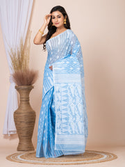 Laa Calcutta Sky Blue & White Woven jamdani saree