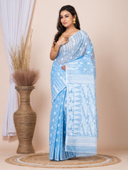 Laa Calcutta Sky Blue & White Woven jamdani saree