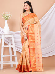 Beige & Red Floral woven design pure cotton taant saree