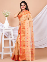 Beige & Red Floral woven design pure cotton taant saree