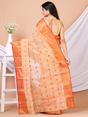 Beige & Red Floral woven design pure cotton taant saree