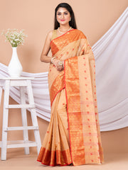 Beige & Red Floral woven design pure cotton taant saree