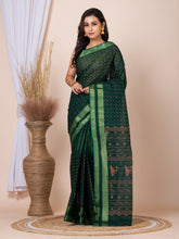 Laa Calcutta Deep Green & Copper printed pure cotton taant saree
