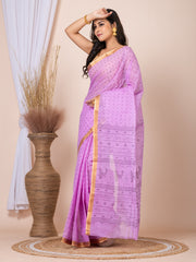 Laa Calcutta Mauve & Black printed pure cotton taant saree