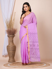 Laa Calcutta Mauve & Black printed pure cotton taant saree