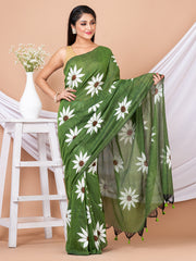 Moss Green & White Pure cotton Sunflower design Handloom Saree