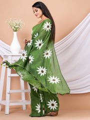 Moss Green & White Pure cotton Sunflower design Handloom Saree