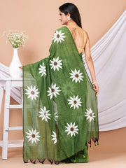 Moss Green & White Pure cotton Sunflower design Handloom Saree