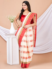 Off white & Red pure cotton woven design taant saree